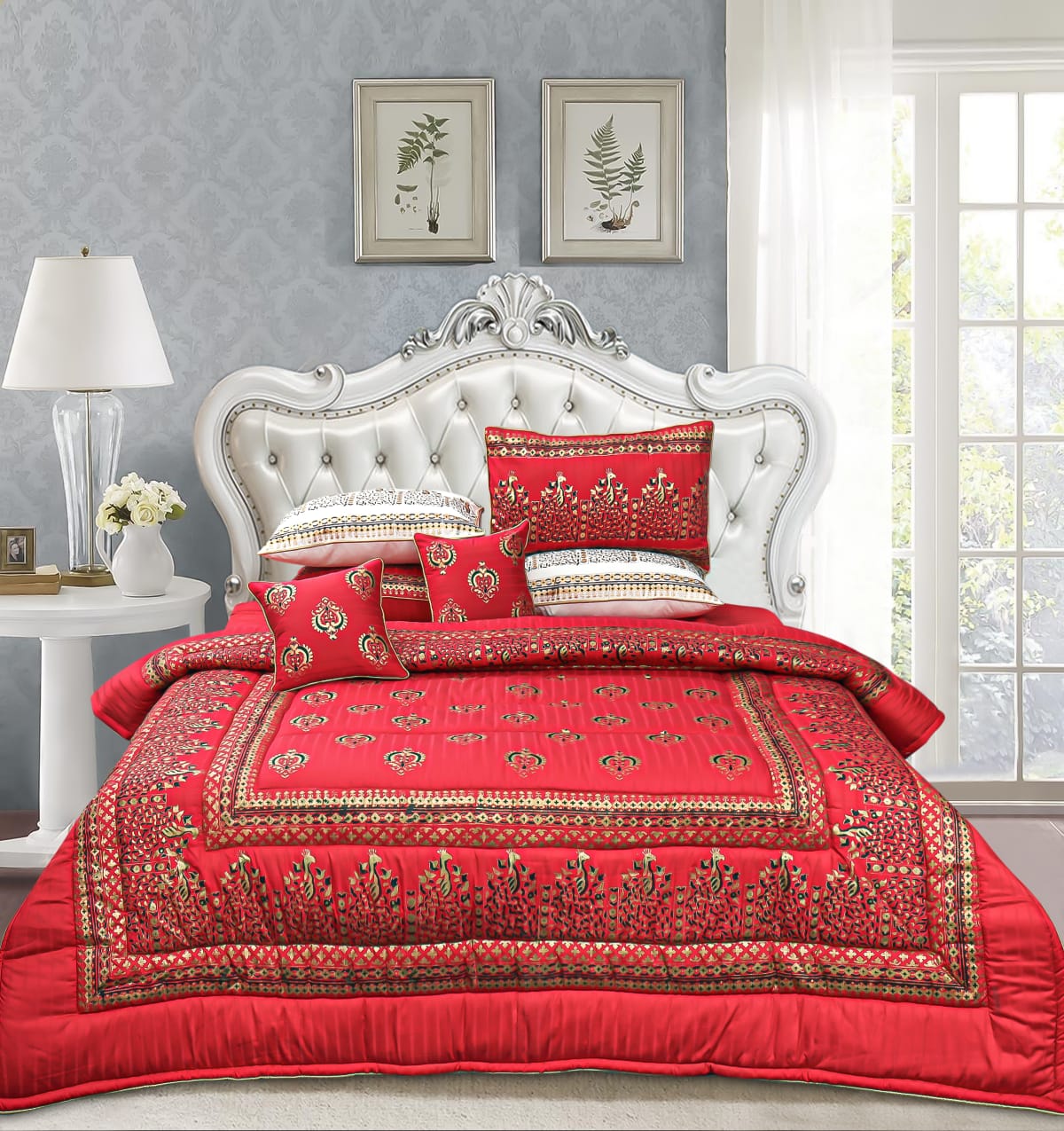 8 Pcs Bridal Bed Sheet Comforter Set Cotton Sateen Block Printed – Royal Garnet